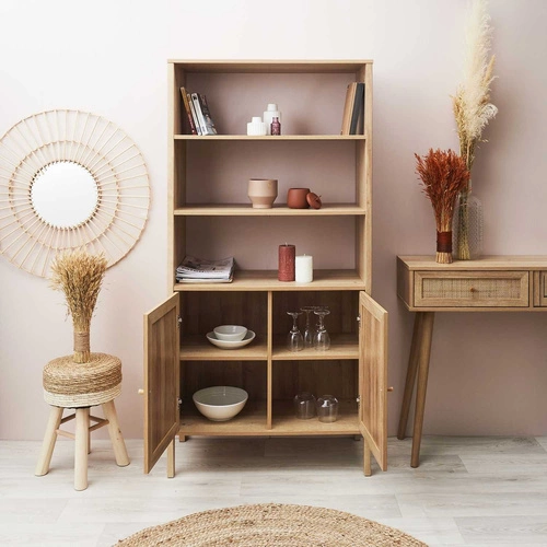 Vysoká skandinávská knihovna Bali přírodní s policemi a skříňkou do obýváku Intesi