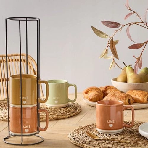 Sada 4 keramických hrnků 340 ml na kovovém stojanu Relax na kávu a čaj 5five