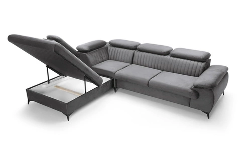 Rohová sedací souprava s rozkladem levá Lund L šedá moderní do obýváku s úložným prostorem