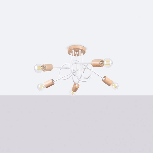 Stropní lustr EMBER 5 bílý minimalistický s dřevem do obýváku a jídelny 61 cm