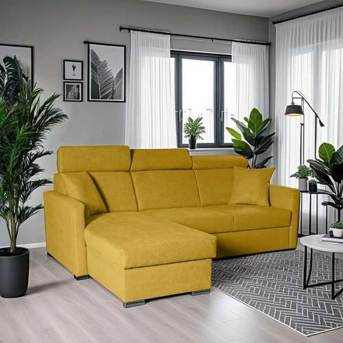 Rohová rozkládací pohovka Mils hořčicová moderní do obýváku s úložným prostorem Intesi