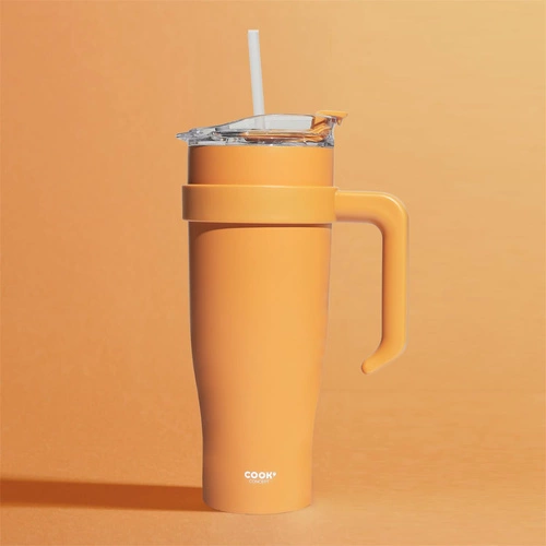 Termohrnek Miami Intesi 1,2 l oranžový s uchem a brčkem na nápoje