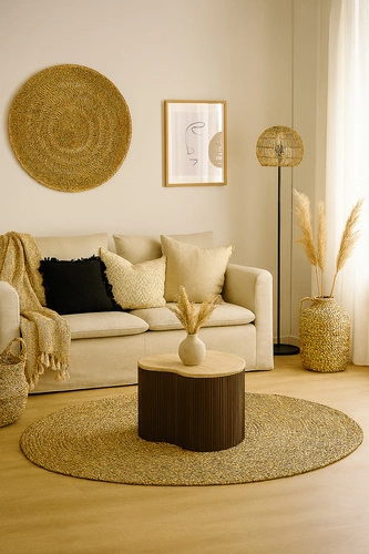 Konferenční stolek Cadiz boho dřevěný nepravidelný hnědý travertin do obýváku odkládací