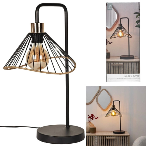 Stolní lampa Anel moderní černá s ratanem do obýváku a ložnice loft industriální