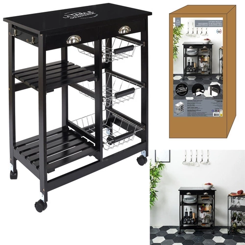 Intesi Troy kovový barový vozík na kolečkách do kuchyně a obýváku, moderní, černý, dvouúrovňový