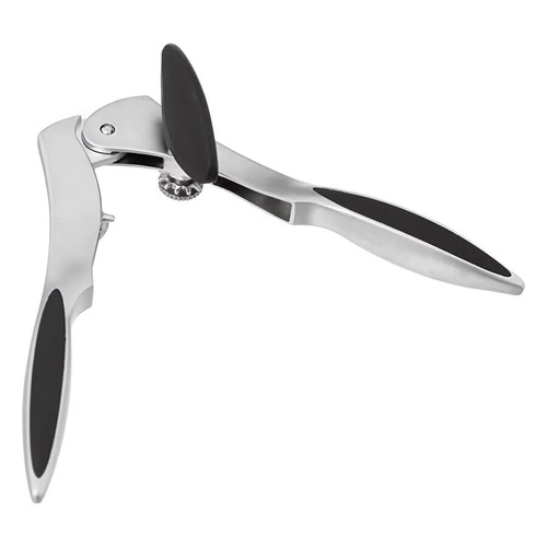 Otvírák na konzervy z nerezové oceli s gumovou rukojetí.