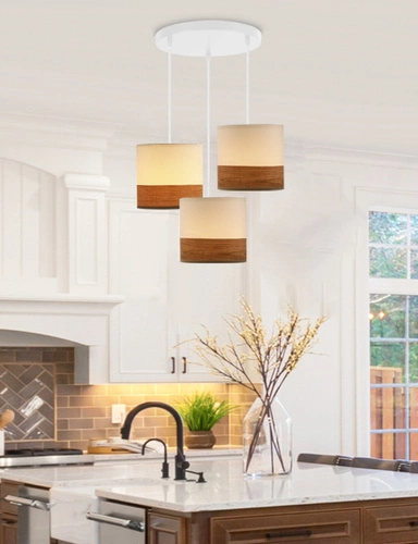 Závěsné svítidlo Bianco moderní bílé s ořechem 3bodové do obýváku a jídelny