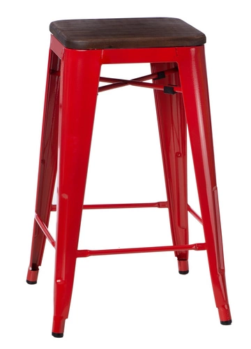 Barová židle Paris Wood 65 cm industriální červená kovová s dřevěným sedákem k kuchyňskému ostrůvku