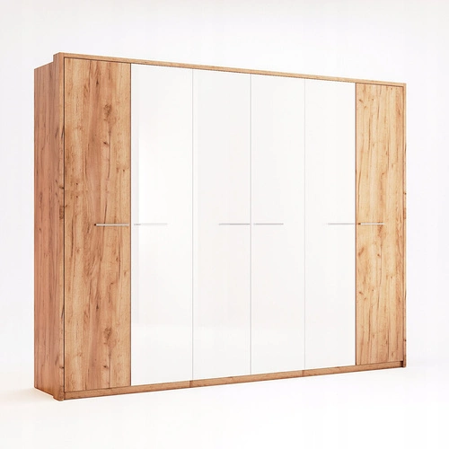 Šatní skříň Madera 6dveřová moderní s policemi a tyčí do ložnice dub bílý