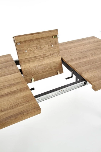 Rozkládací jídelní stůl Liner 140–180 cm loftový, MDF ořech medový, černé nohy Intesi