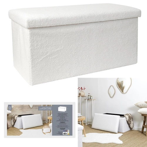 Skládací bílý taburet Intesi Velse z bouclé s úložným prostorem do obýváku a ložnice moderní