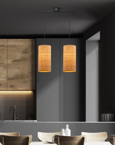 Závěsná lampa Fleri černá 2x60 E27 stínidlo 12x25 béžový ratan