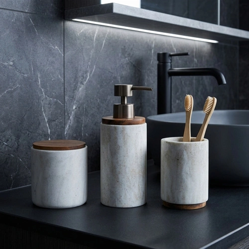 Koupelnový organizér na kosmetiku Come béžový travertin minimalistický kulatý 5five