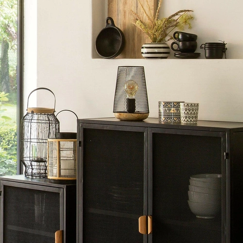 Síťová lampa Zely černý kov/dřevo