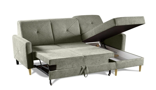 Moderní zelená levostranná rohová pohovka Scandi s rozkladem a úložným prostorem do obýváku