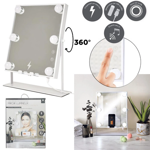 Intesi LED stojací kosmetické zrcadlo s reproduktorem a nabíječkou bílé obdélníkové