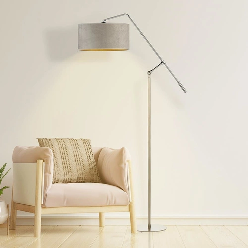 Stojací lampa do obýváku LIBERIA šedá moderní s nastavitelnou výškou s glamour stínidlem