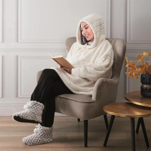 Fleecová deka s kapucí Intesi bílá teplá deka na gauč do obýváku