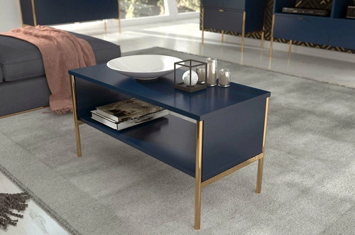 Dřevěný obdélníkový konferenční stolek modrý se zlatými nohami s policí do obývacího pokoje SKANDICA