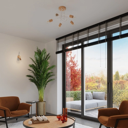 Stropní lustr EMBER 5 bílý minimalistický s dřevem do obýváku a jídelny 61 cm