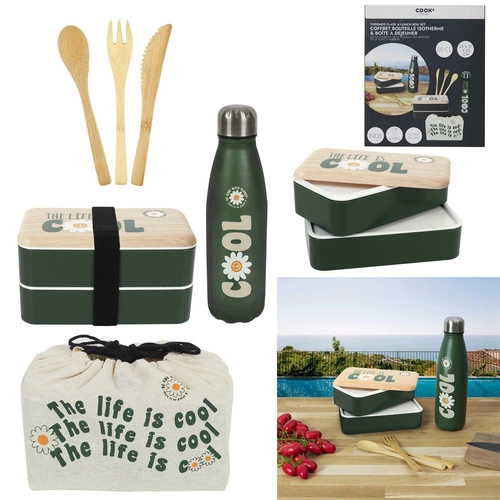 Dvoupodlažní zelený lunchbox Intesi s dřevěným víkem a lahví do práce nebo školy