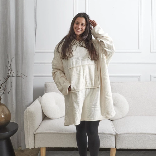 Plyšová deka s kapucí Intesi béžová hřejivá na zimní večery 120x81 cm