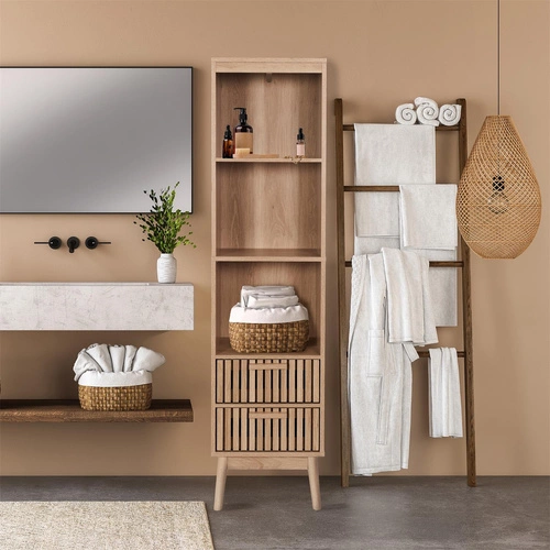 Moderní dřevěná knihovna Klaus s 2 zásuvkami do obýváku, přírodní, 40 cm