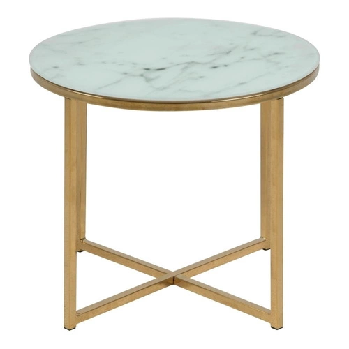 Kulatý konferenční stolek skleněný Alisma 50 cm bílý mramor glamour zlatý do obýváku Actona