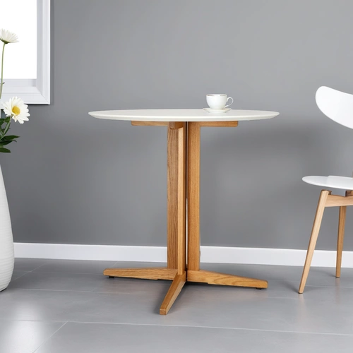 Kulatý jídelní stůl Mauro 80 cm bílá deska přírodní dub moderní do jídelny a obýváku