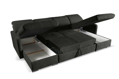 Rohová sedací souprava Limi U s rozkladem pro spaní, moderní antracit, úložný prostor Intesi