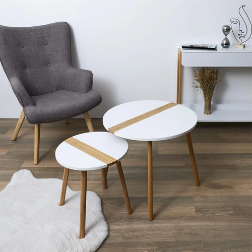 Sada 2 kulatých konferenčních stolků Paraiba bílý dřevěný skandinávský do obýváku 2v1