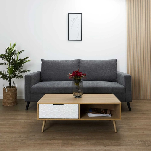 Dřevěný obdélníkový konferenční stolek Carta retro s zásuvkou do obýváku bílý 100x50 cm