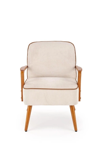 Odpočinkové křeslo Grejs béžové skandinávské do obýváku z látky na dřevěných nohách