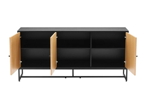Komoda Clar 160 cm moderní dub a černá s čely v rybí kosti na kovových nohách do obýváku
