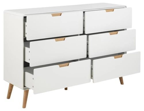 Komoda Lowell bílá se 6 zásuvkami na dubových nohách 135 cm moderní do obýváku