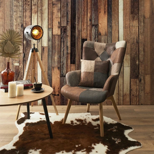 Křeslo ušák Helsinki do obýváku hnědý skandinávský patchwork s vysokými nohami Intesi