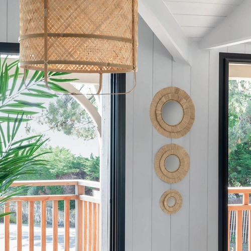 Sada 3 kulatých závěsných zrcadel boho s rafiem do obýváku nebo ložnice Atmosphera