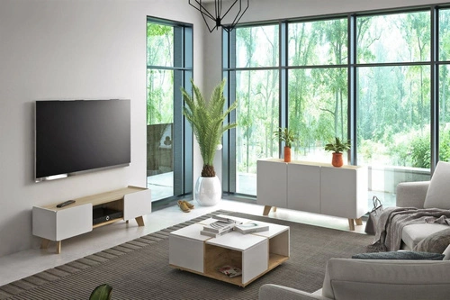 Bílá TV komoda s dubovými nohami Lett 135 cm skandinávská se zásuvkami do obýváku SKANDICA