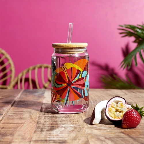 Sklenice Exotic Paradise Intesi 450 ml s víčkem a brčkem na nápoje multicolor