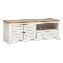 TV stolek Olbia bílý dřevěný 140 cm do obýváku s policemi a zásuvkou Atmosphera