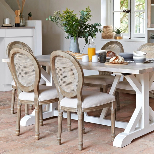 Jídelní čalouněná židle Cleon Atmosphera ratanová béžová dřevěná boho vysoké nohy