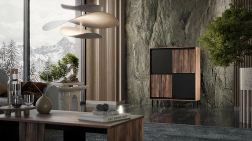 Moderní ořechová komoda Miri s frézovanými dvířky na černých nohách 102 cm do obýváku