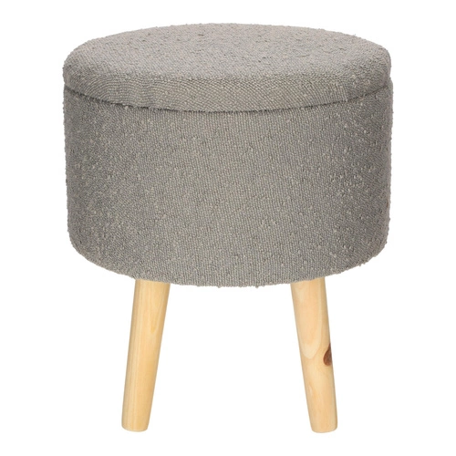 Taburet Neely Intesi se skrytým úložným prostorem šedý bouclé dřevěný ke kosmetickému stolku ve skandinávském stylu