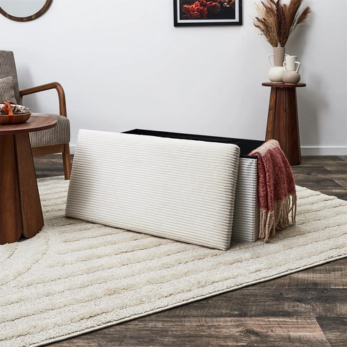 Skládací bílý manšestrový taburet Medford s úložným prostorem obdélníkový do předsíně a ložnice