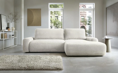 Rohová rozkládací pohovka Domle pravá bílý manšestr moderní do obýváku s úložným prostorem