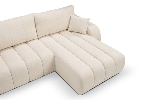 Moderní rohová rozkládací sedačka Hobro pravá béžová do obýváku s úložným prostorem