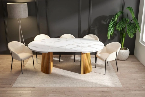 Rozkládací jídelní stůl Kyoto kulatý 120/200 cm bílý mramor dub moderní do jídelny a obýváku