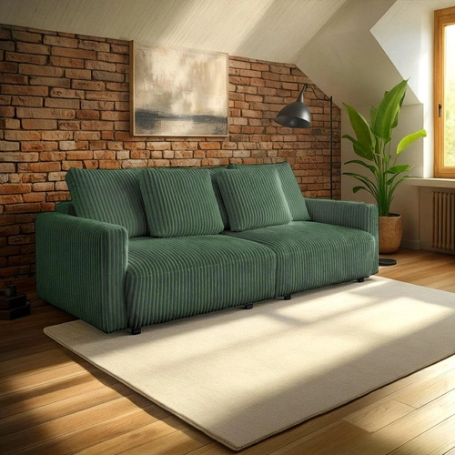 Rozkládací pohovka na spaní Loppie zelená manšestrová do obýváku moderní dvoumístná