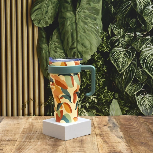 Termo hrnek Mini Miami Floral 600 ml zelený s kovovým uchem na kávu a čaj Intesi