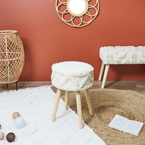 Dřevěná stolička Boho Bali Intesi čalouněná béžová k toaletnímu stolku a do ložnice 41 cm